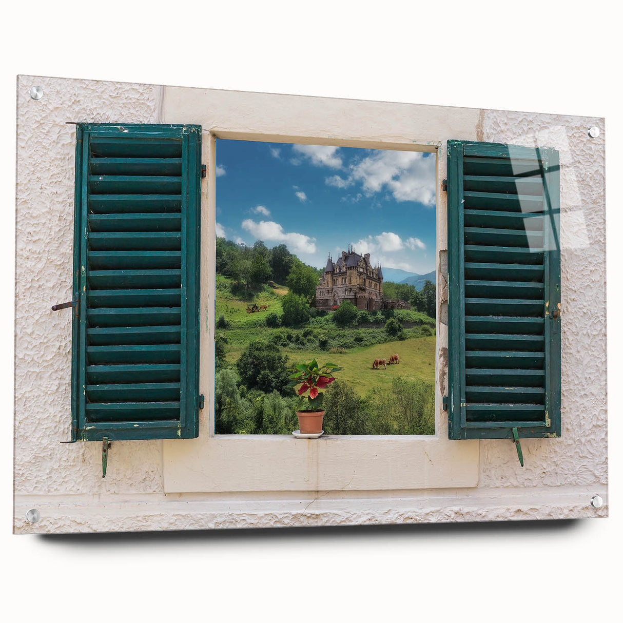 Large abstract wall art on acrylic glass, featuring geometric window designs in muted tones.