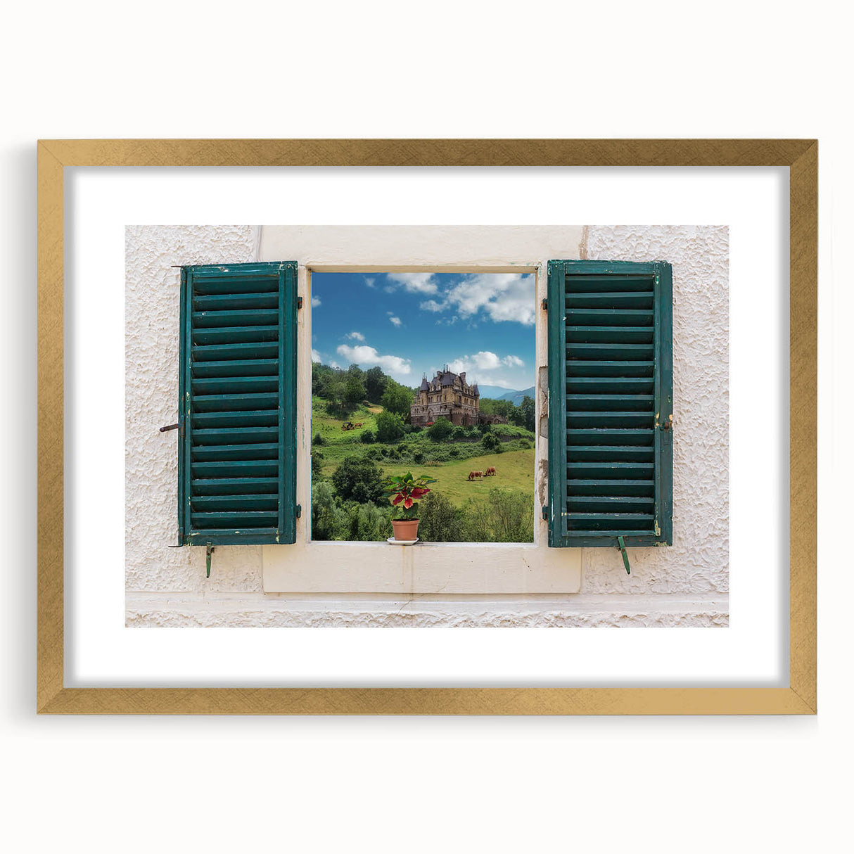 Textured abstract art print featuring geometric patterns in muted gold and white, framed with a gold mat.