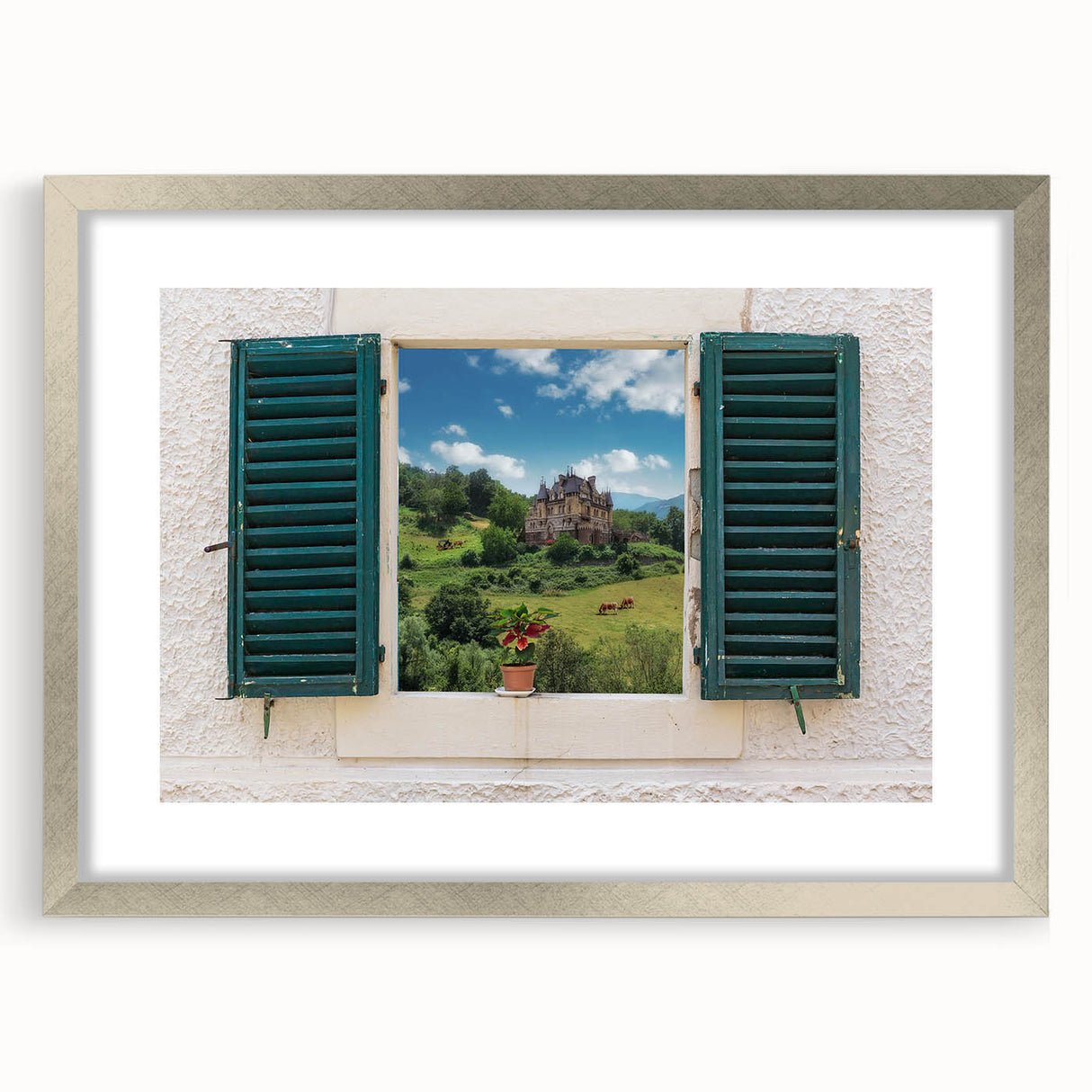 Abstract art print featuring symmetrical window designs in silver frame, ideal for dining room decor.