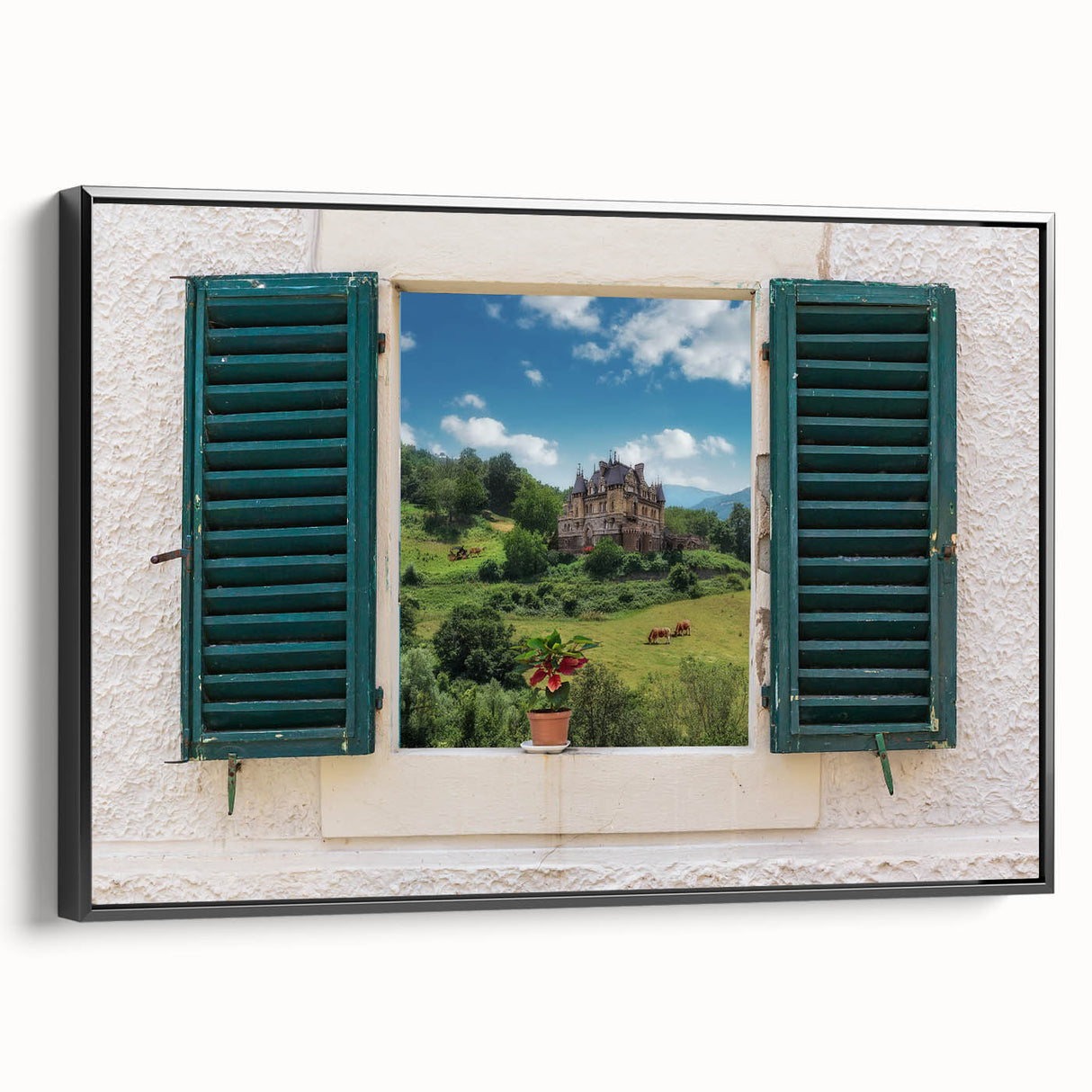 Black and white framed canvas featuring a vintage architectural window design, ideal for bedroom wall decor.