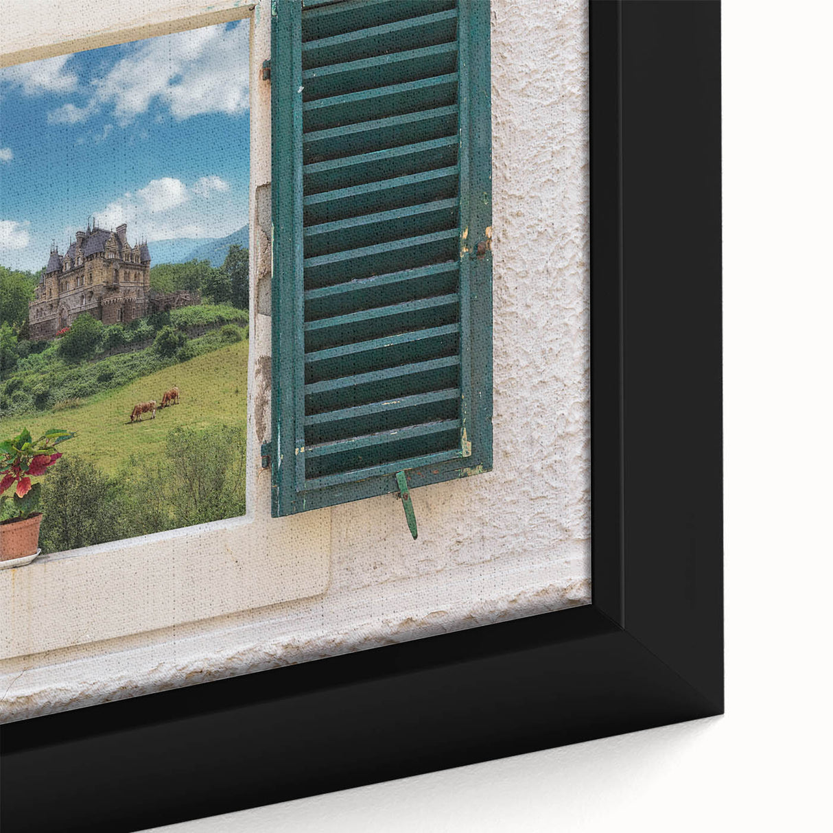 Extra large framed canvas featuring a close-up of a black textured window design with colorful art accents.