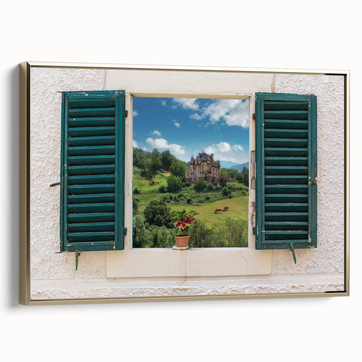 Framed canvas landscape art paintings featuring colorful vintage poster art and black wall art accents.