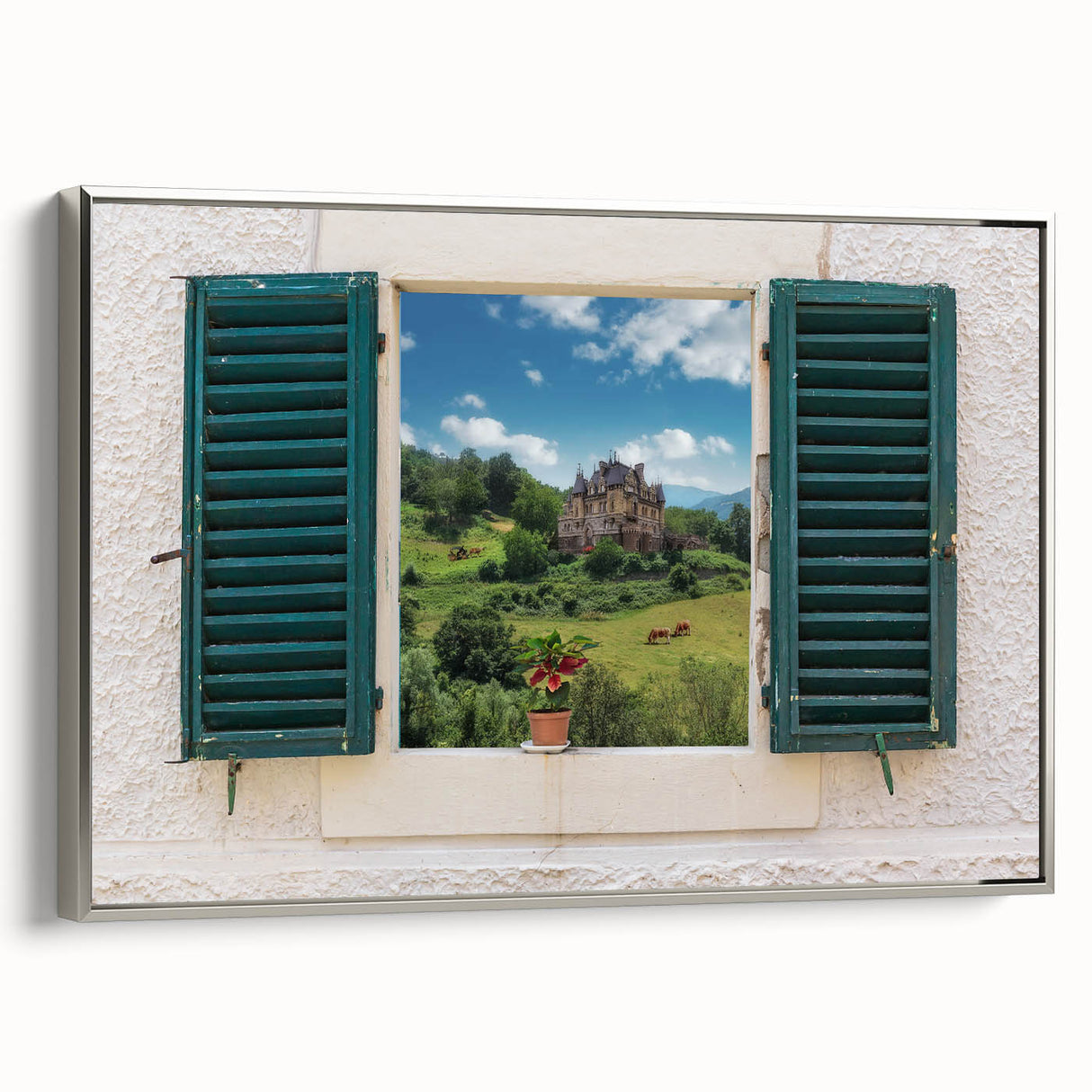 Vintage poster art featuring a black and colorful architectural window design on a large framed canvas.
