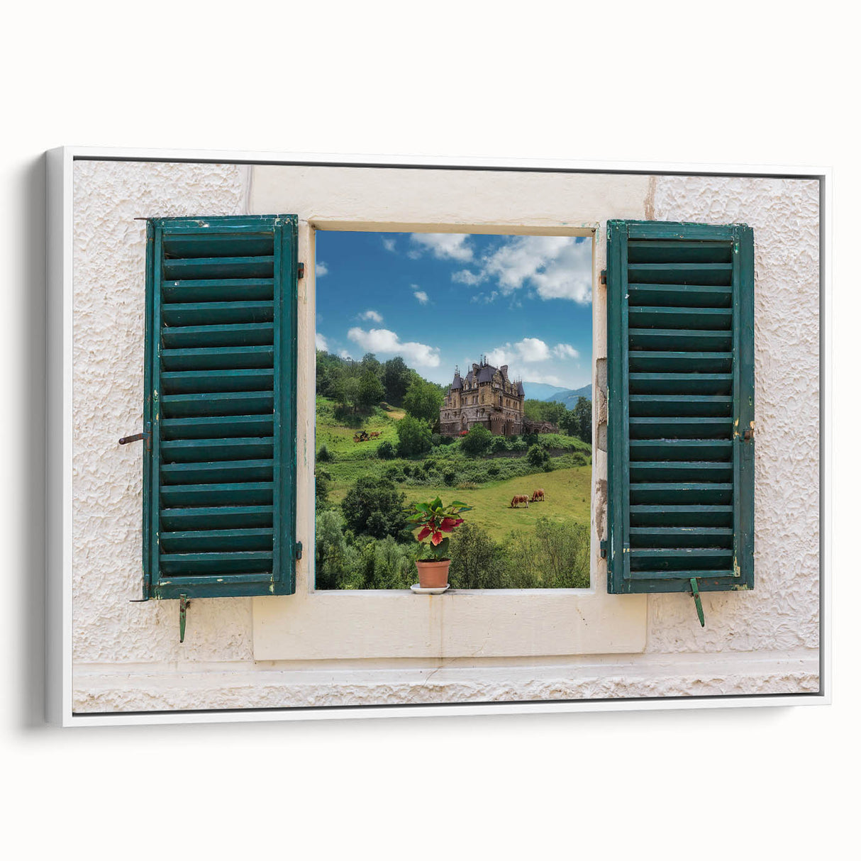 Framed canvas featuring a black and white vintage landscape painting, ideal for bedroom wall art.