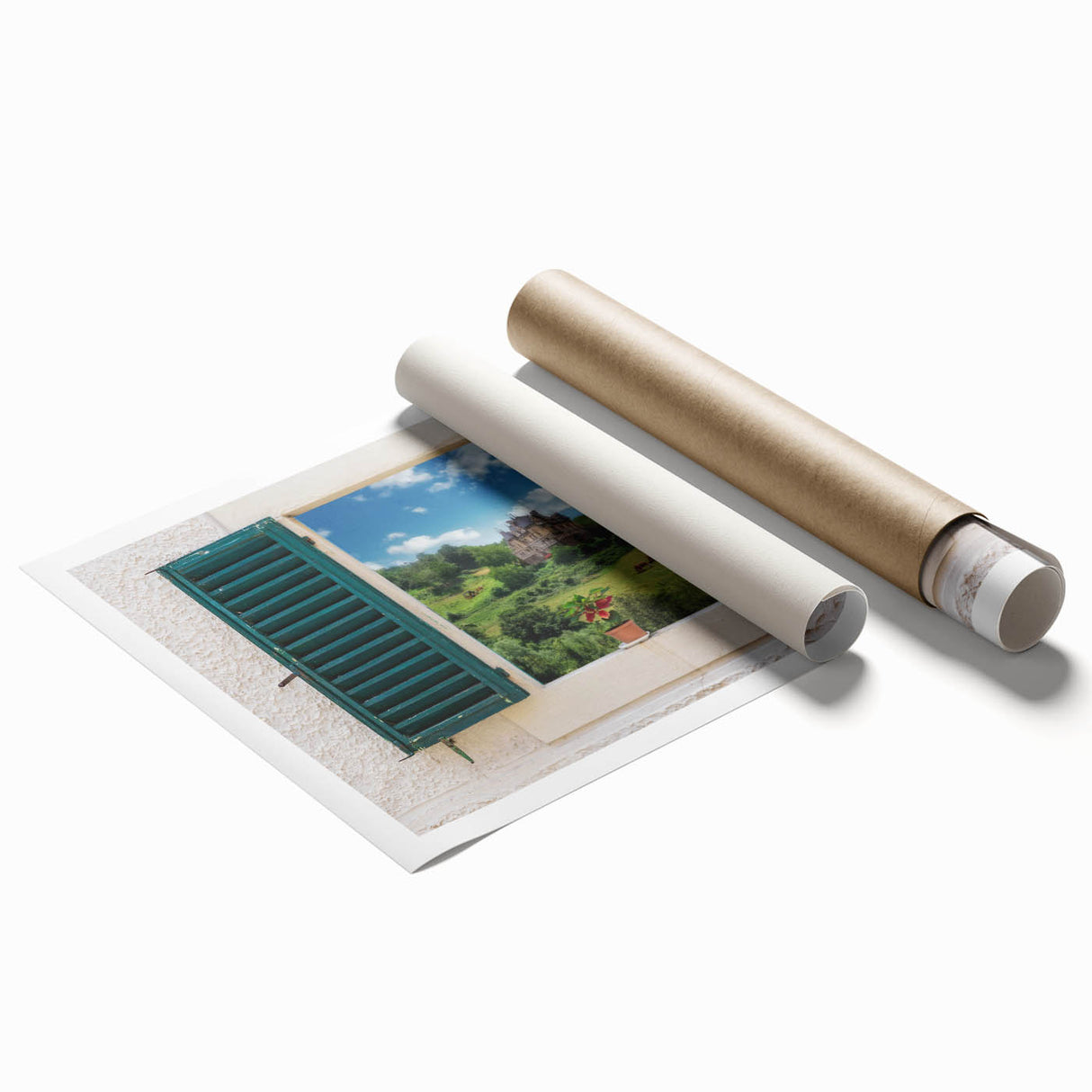 Rolled print of a large floral design in soft pastel shades, suitable for classy bathroom or living room decor.