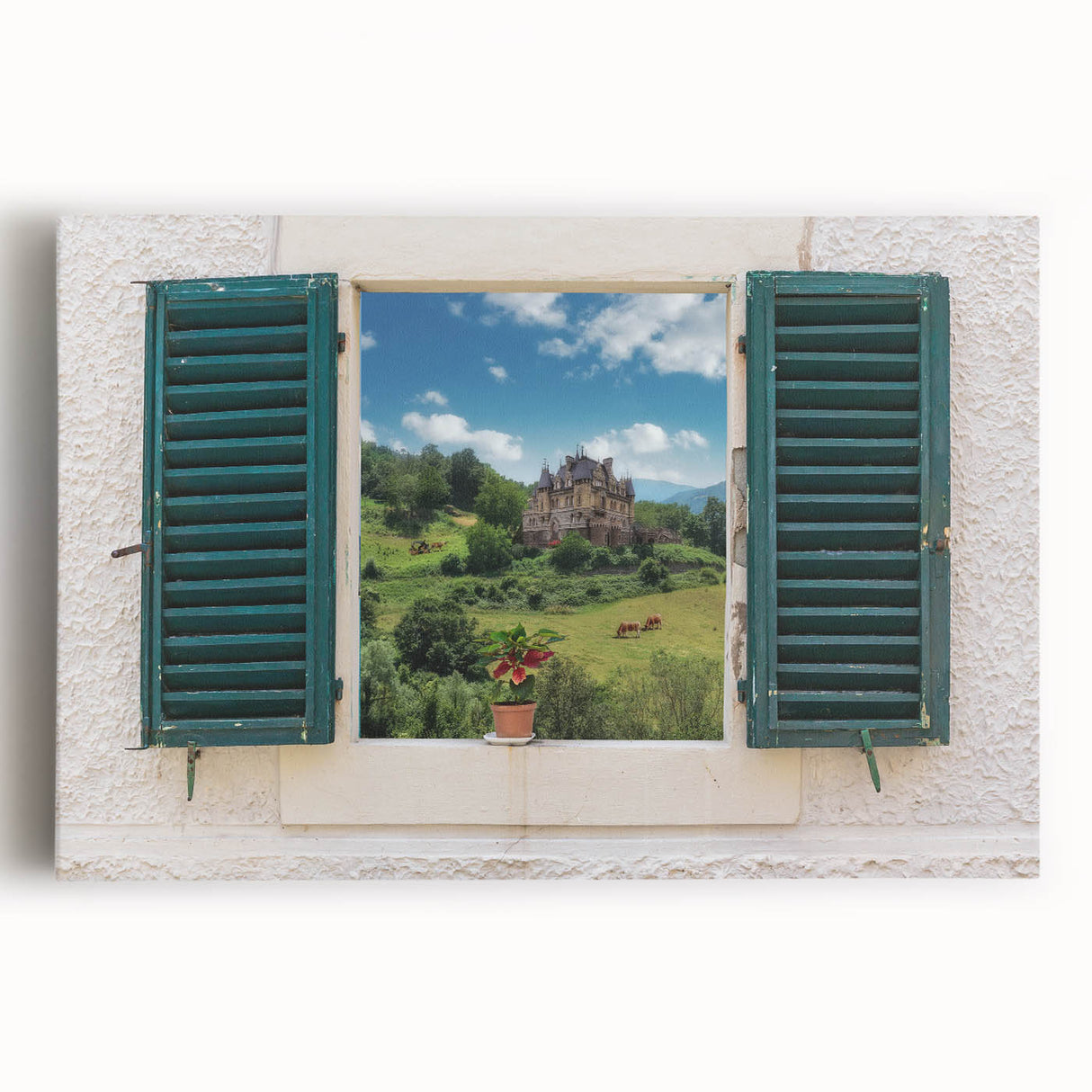 Black and white photo of architectural windows on stretched canvas, ideal for kitchen wall art.