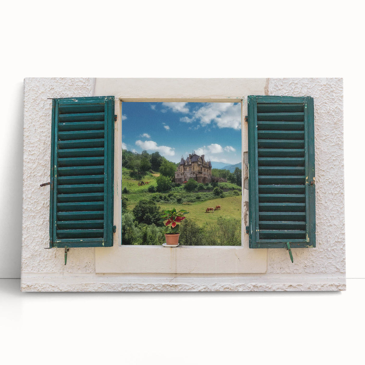 Black and white photo of large windows in an architectural setting on stretched canvas.