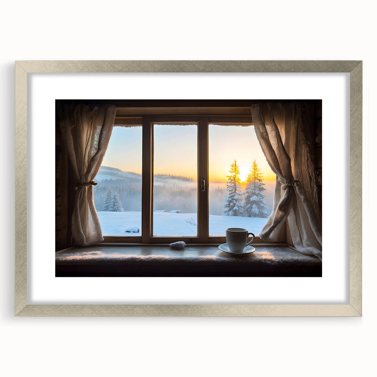 Abstract art print featuring geometric shapes in muted gray and silver, framed with a silver mat.