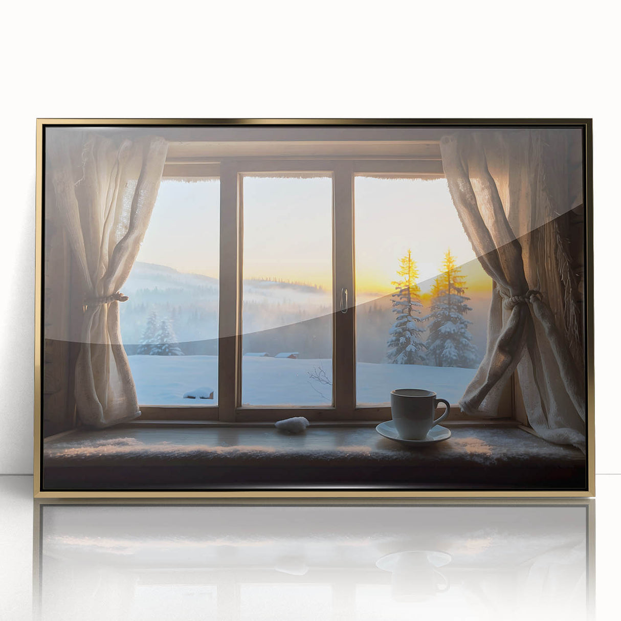 Mid-century modernist art of a geometric window design in gold and black tones on framed acrylic.