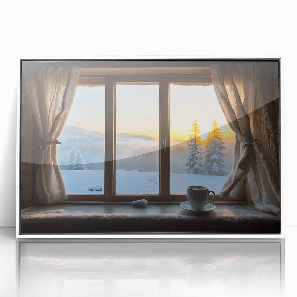 Mid-century modernist large art print of an architectural window design in muted gray tones, framed in white acrylic.