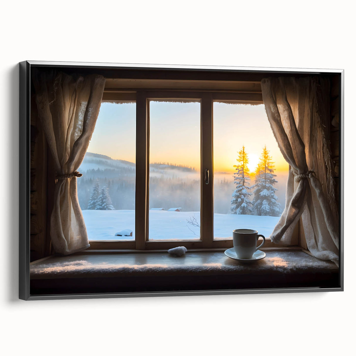 Black and white framed canvas of a vintage window design, ideal for bedroom wall decor.
