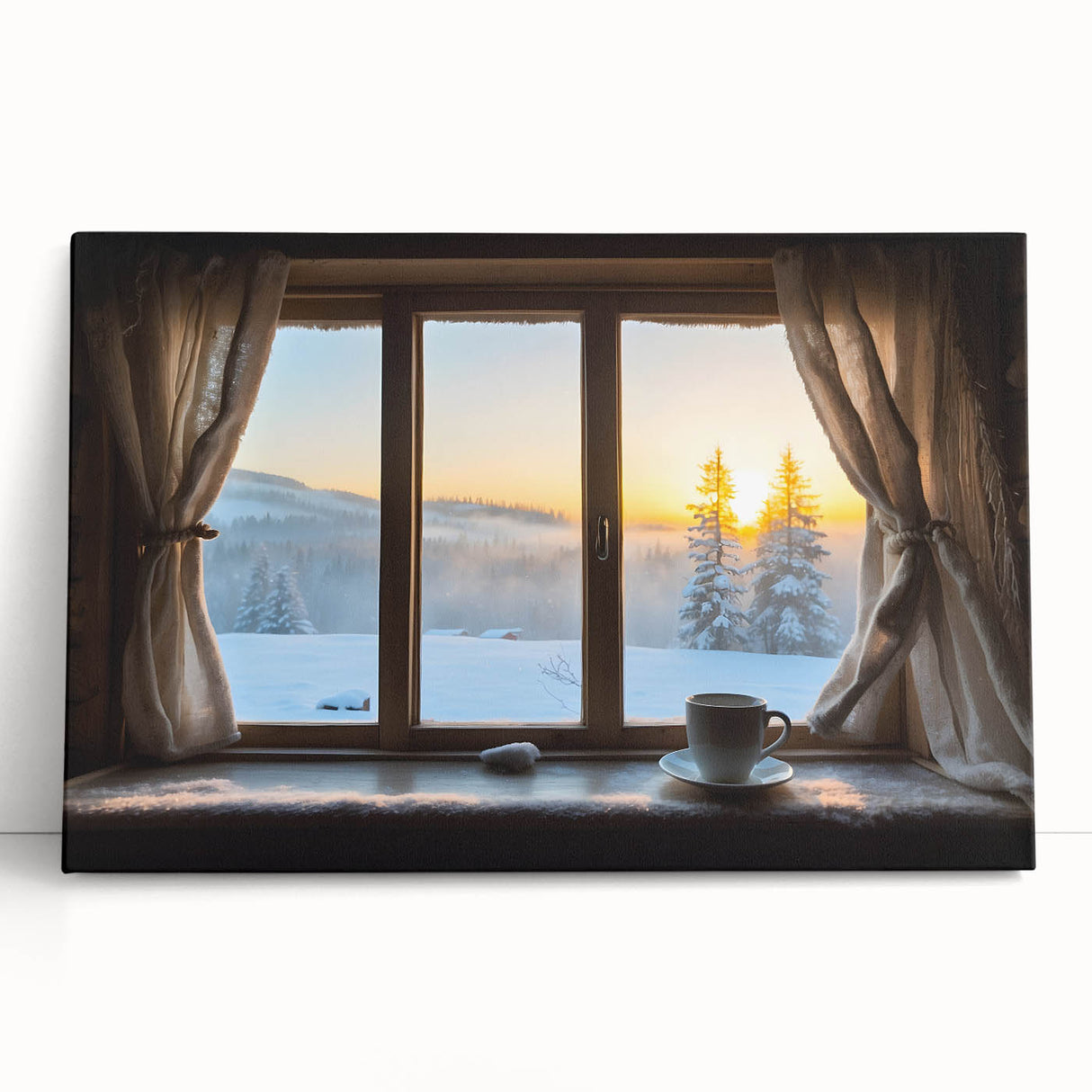 Black and white photo of a large architectural window design on stretched canvas.