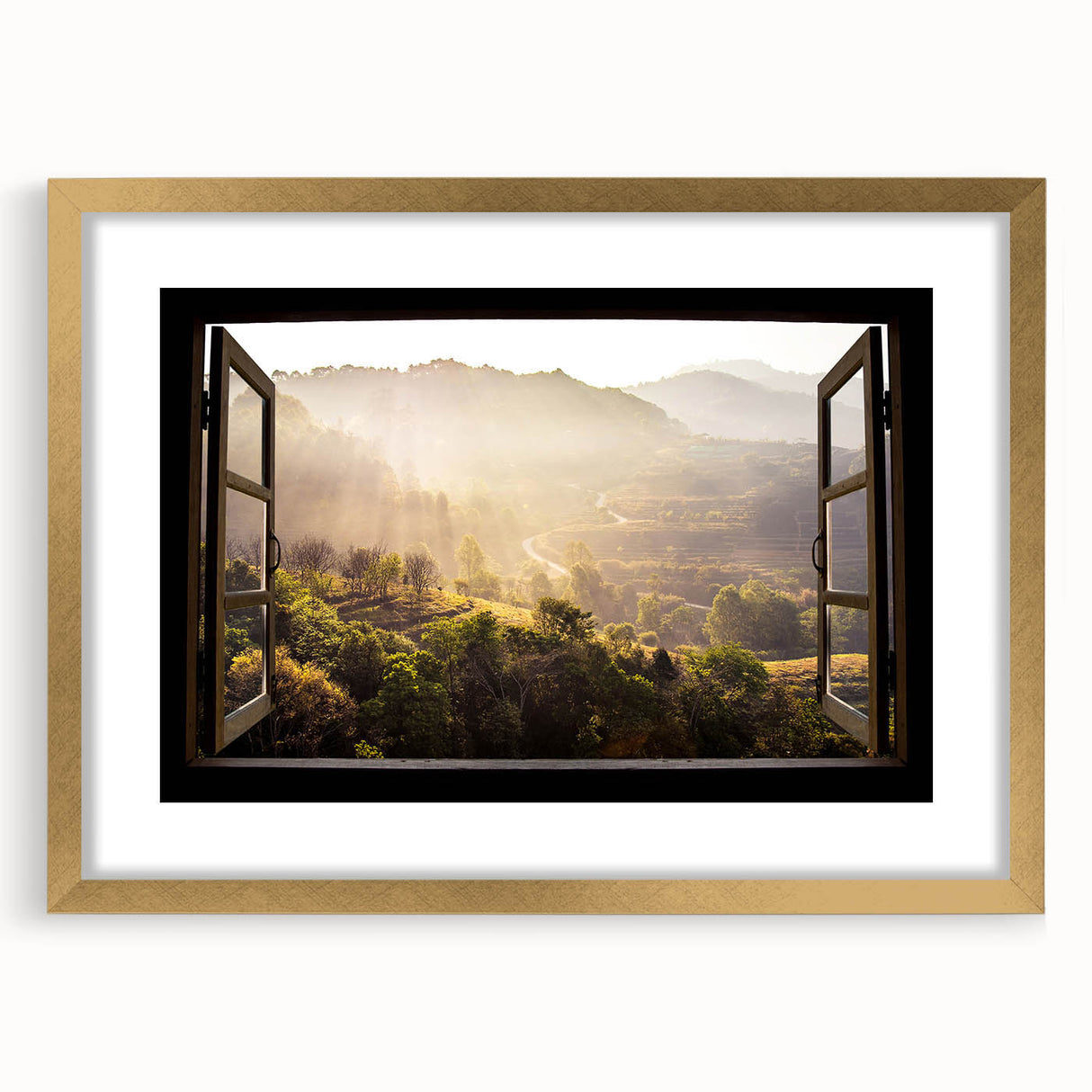 Textured abstract art print in gold frame, featuring geometric patterns in muted earth tones, ideal for bedroom art.