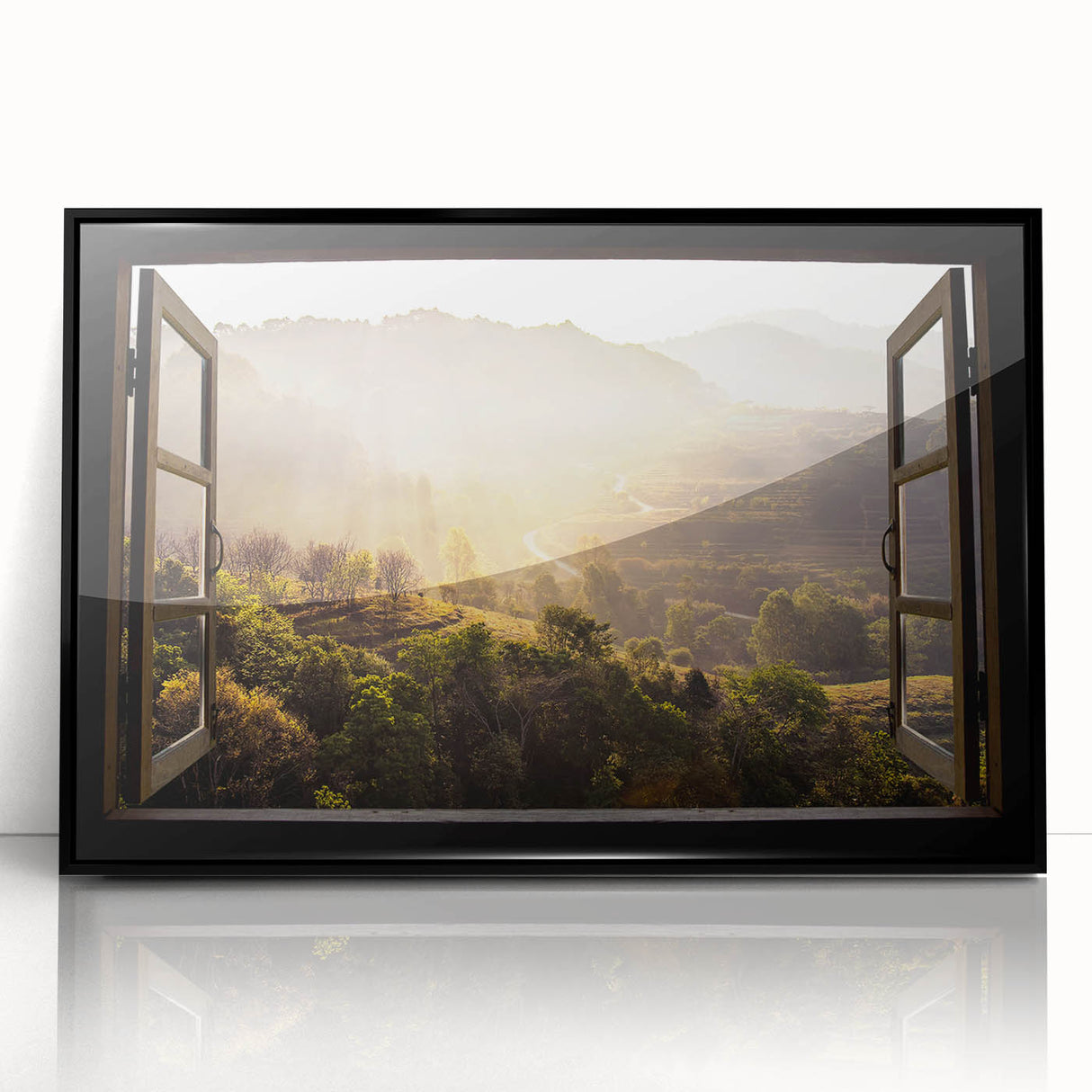 Large abstract wall art featuring geometric shapes in muted gray and blue tones, framed in black acrylic.