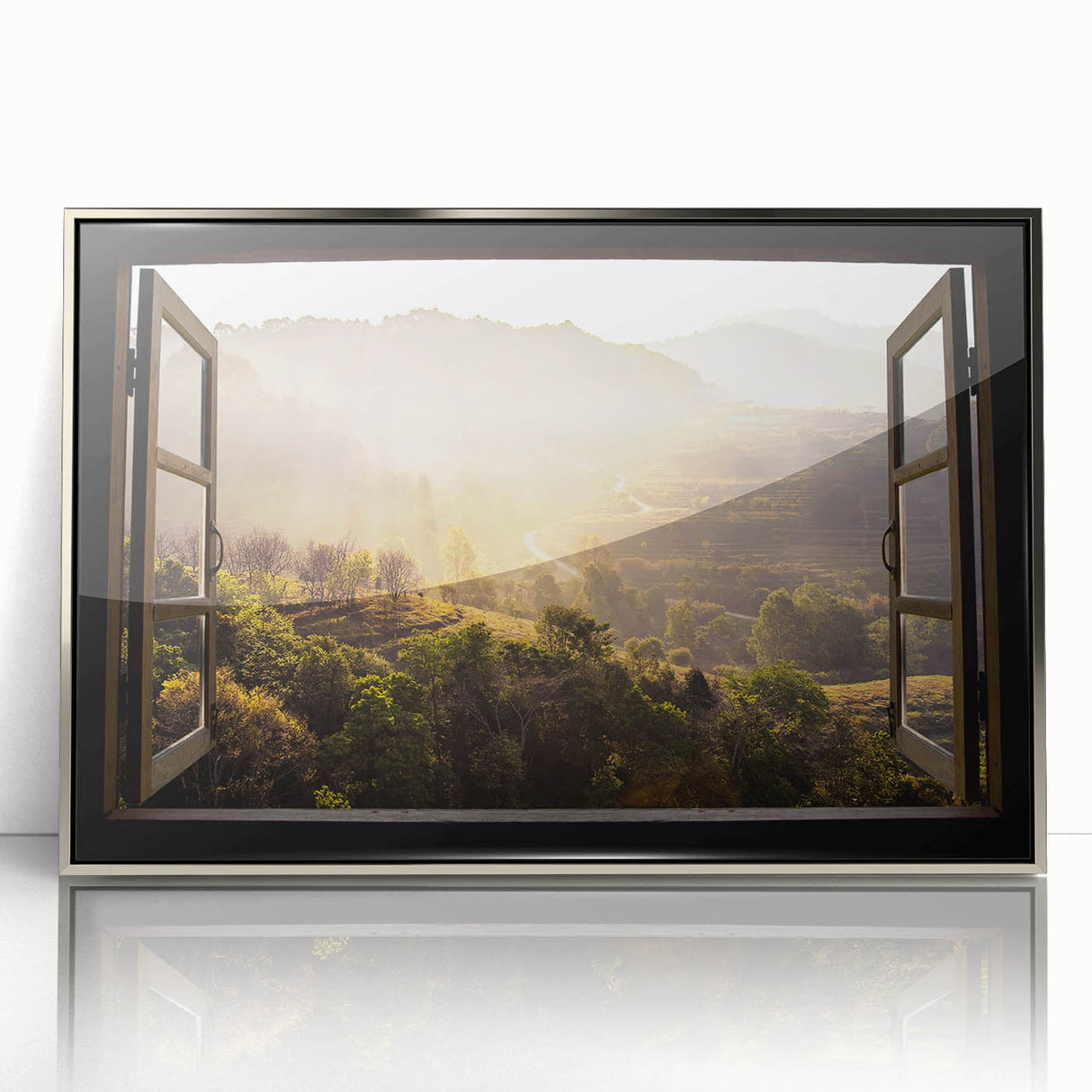 Art deco poster featuring a geometric window design in silver and gray tones on framed acrylic.