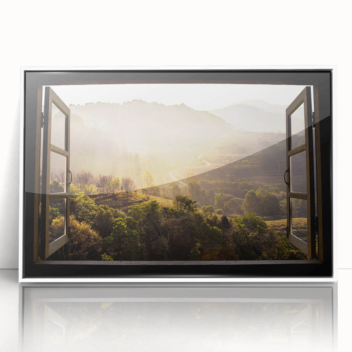 Mid-century modernist large art print featuring a geometric window design in black and white, framed in acrylic.