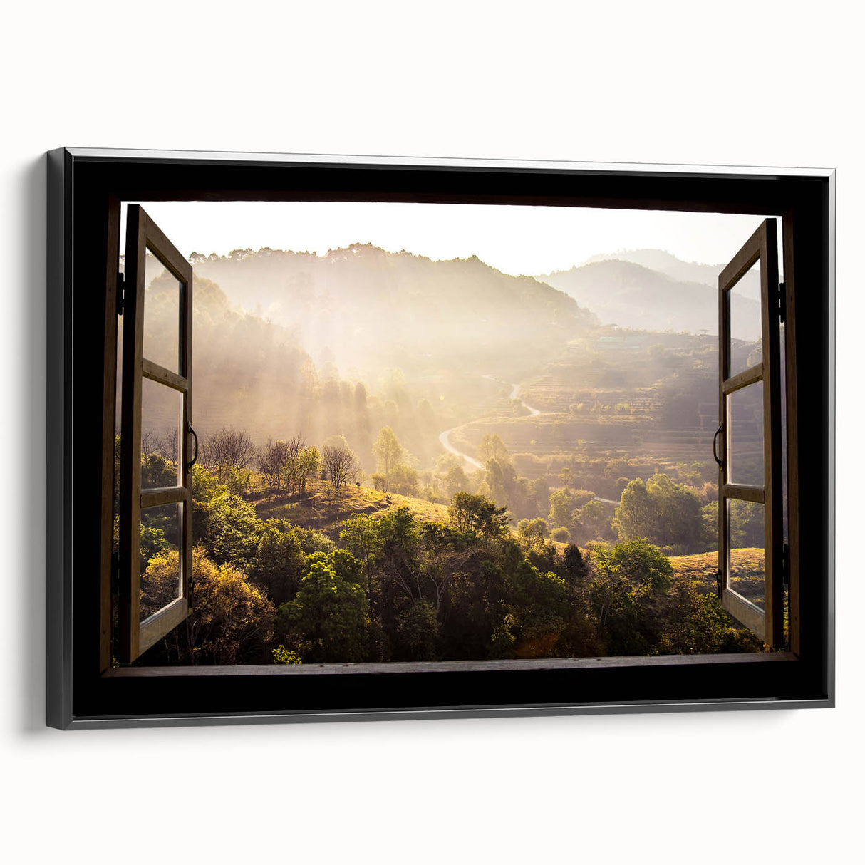 Black and white vintage poster art of a landscape, framed canvas, ideal for bedroom wall decor.