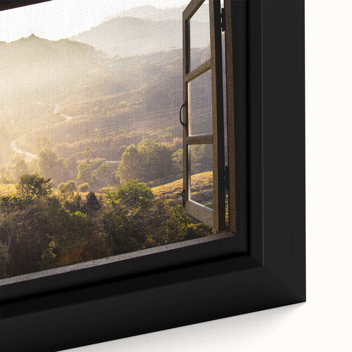 Extra large framed canvas featuring a close-up of a black architectural window design with colorful, textured art accents.