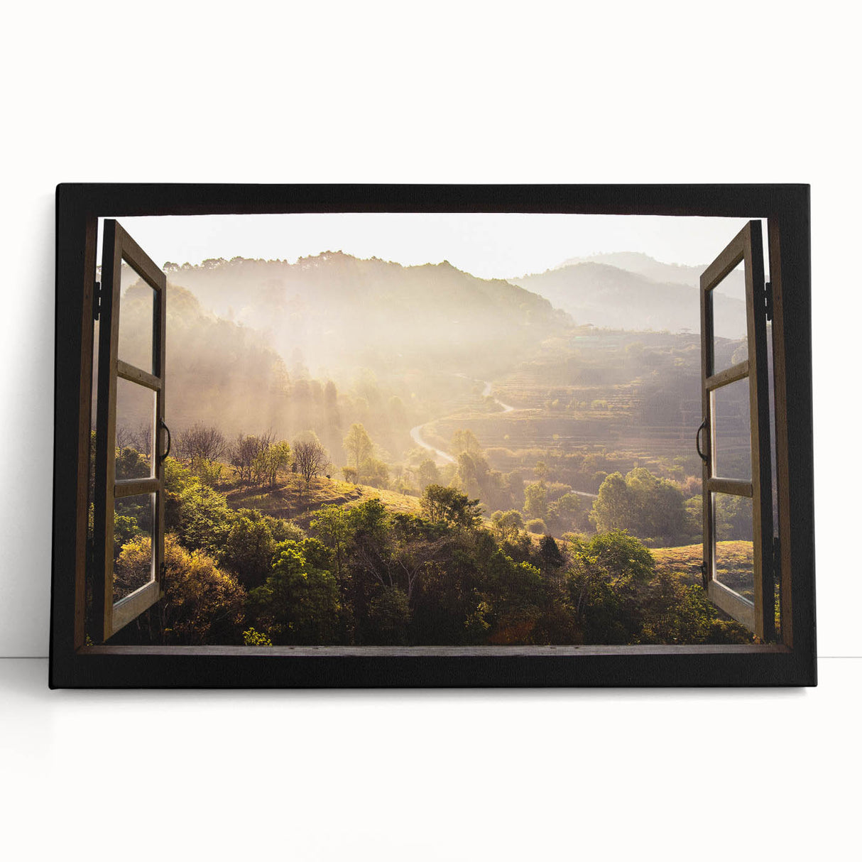 Black and white photo of an architectural window design on stretched canvas.