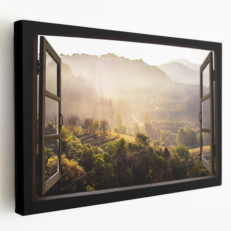 Side view of a stretched canvas featuring a large window design with geometric patterns, ideal for kitchen wall art.