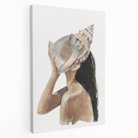 Coastal Wall Art - Woman with Conch Shell Beach-Themed Nautical Print