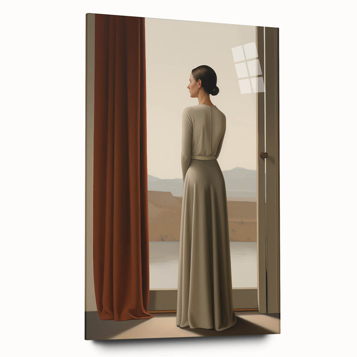 Electric Wall Art: Elegant Woman by the Window Minimalist Print