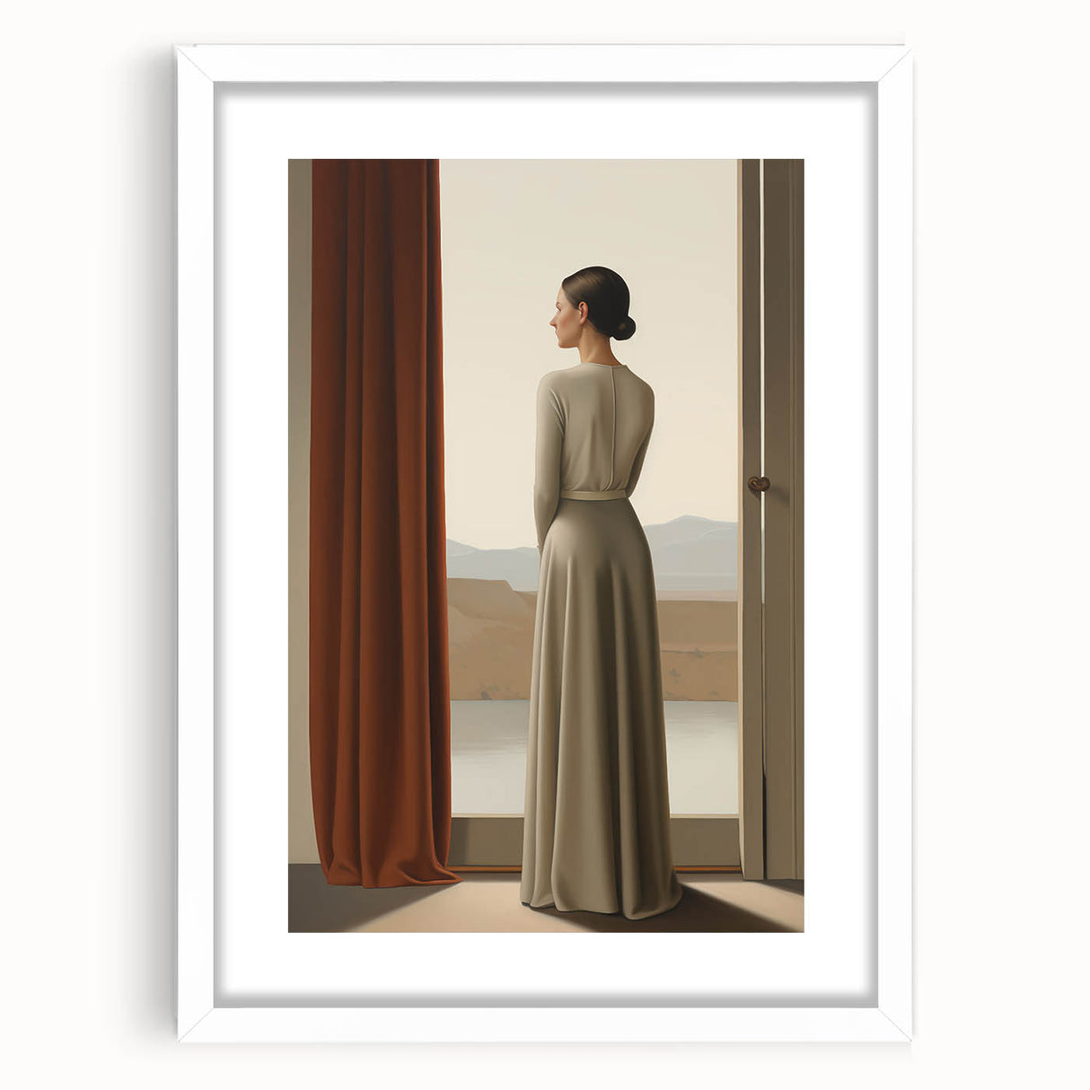 Electric Wall Art: Elegant Woman by the Window Minimalist Print