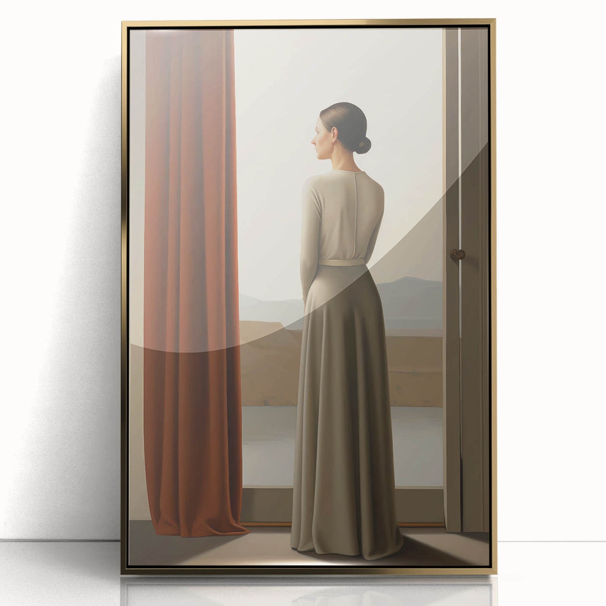 Electric Wall Art: Elegant Woman by the Window Minimalist Print
