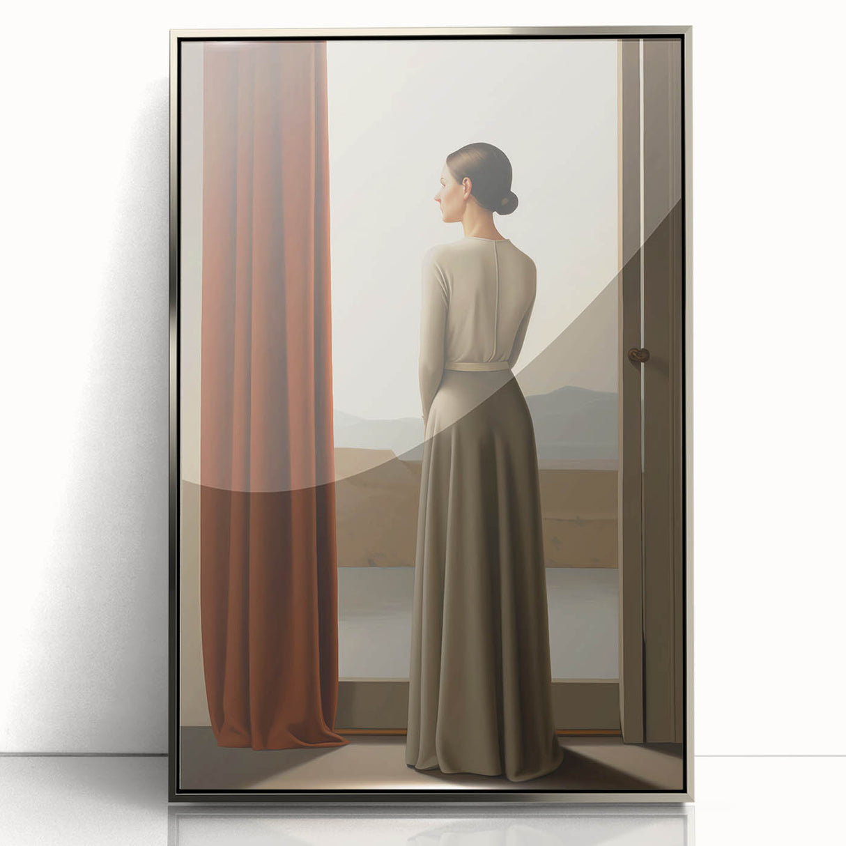 Electric Wall Art: Elegant Woman by the Window Minimalist Print