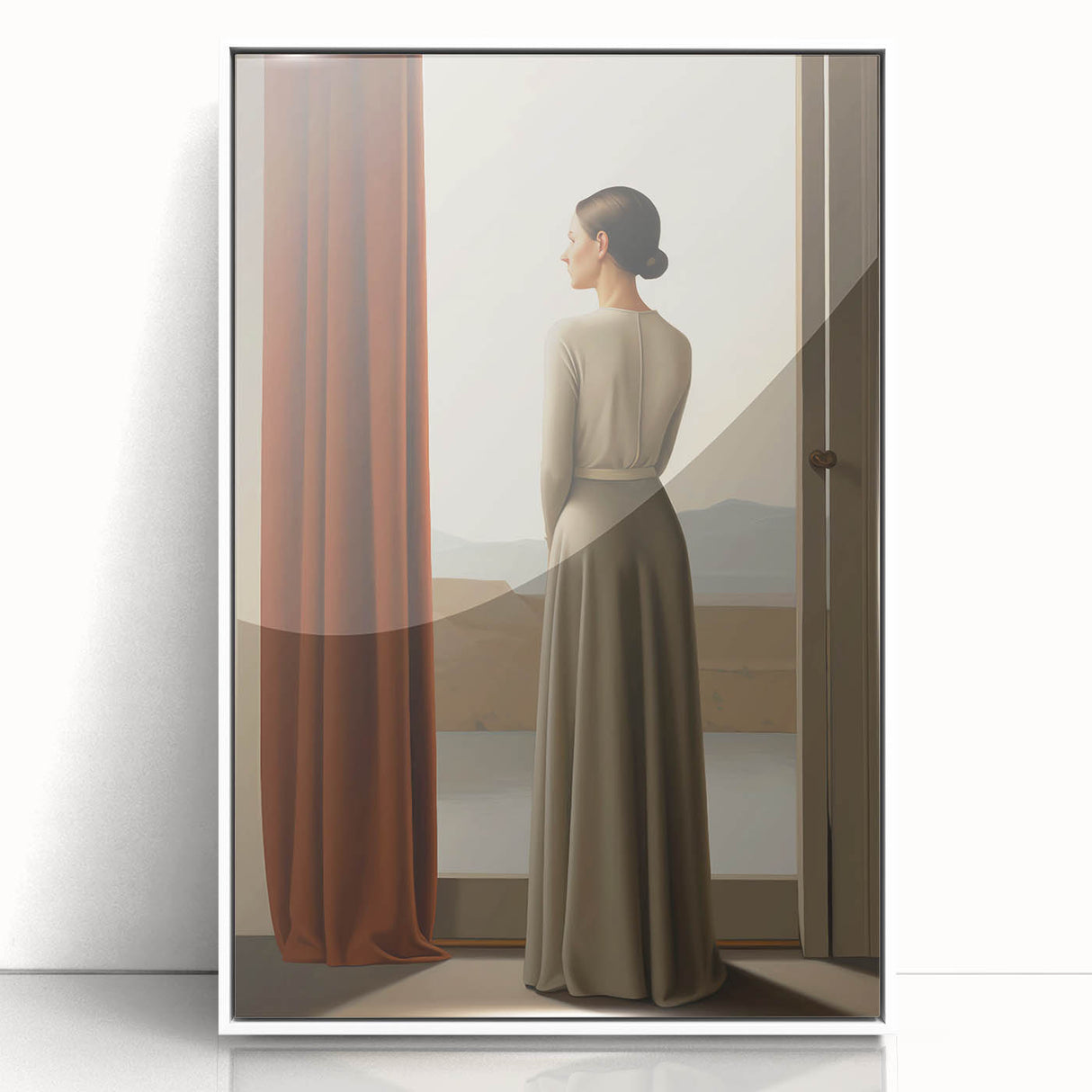 Electric Wall Art: Elegant Woman by the Window Minimalist Print