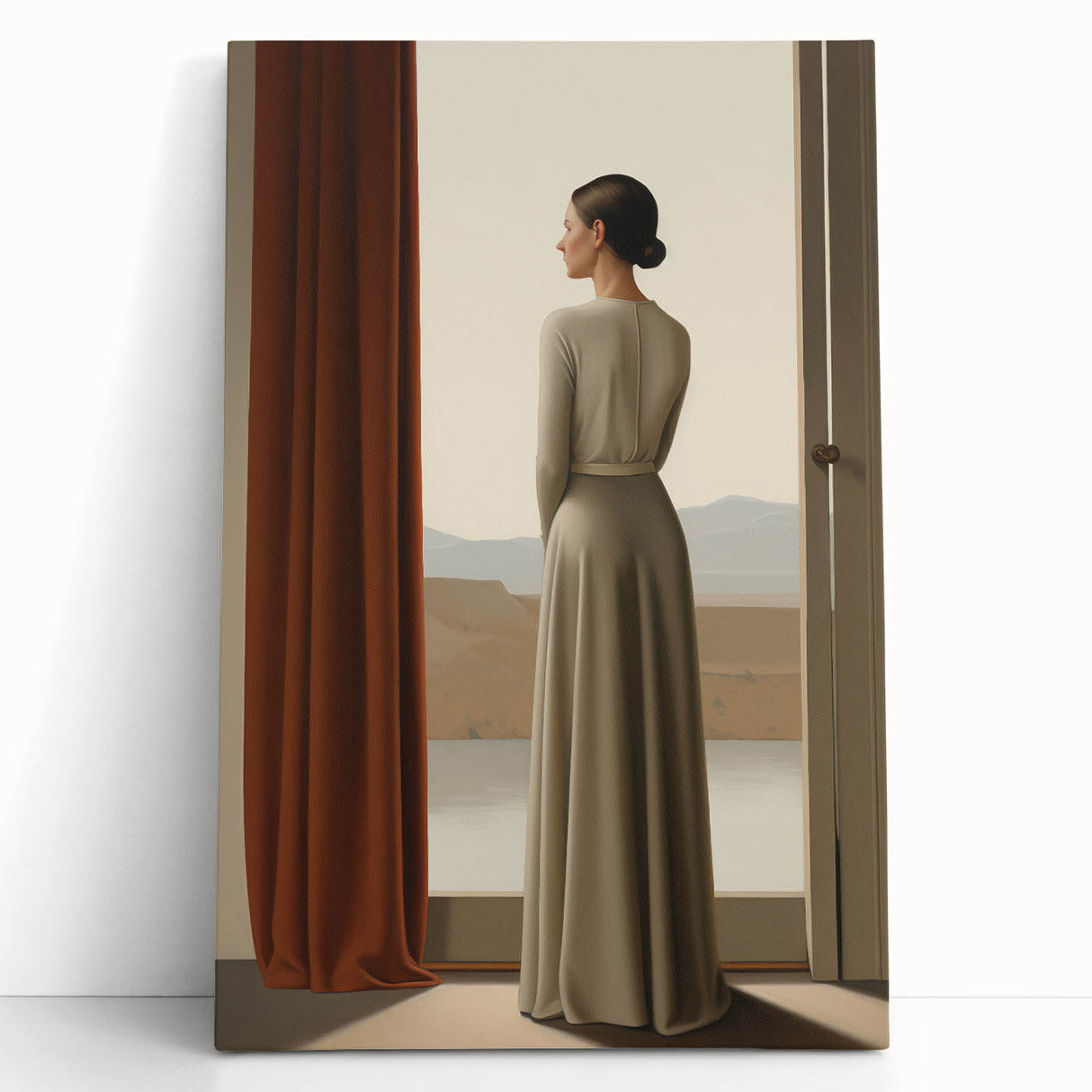 Electric Wall Art: Elegant Woman by the Window Minimalist Print