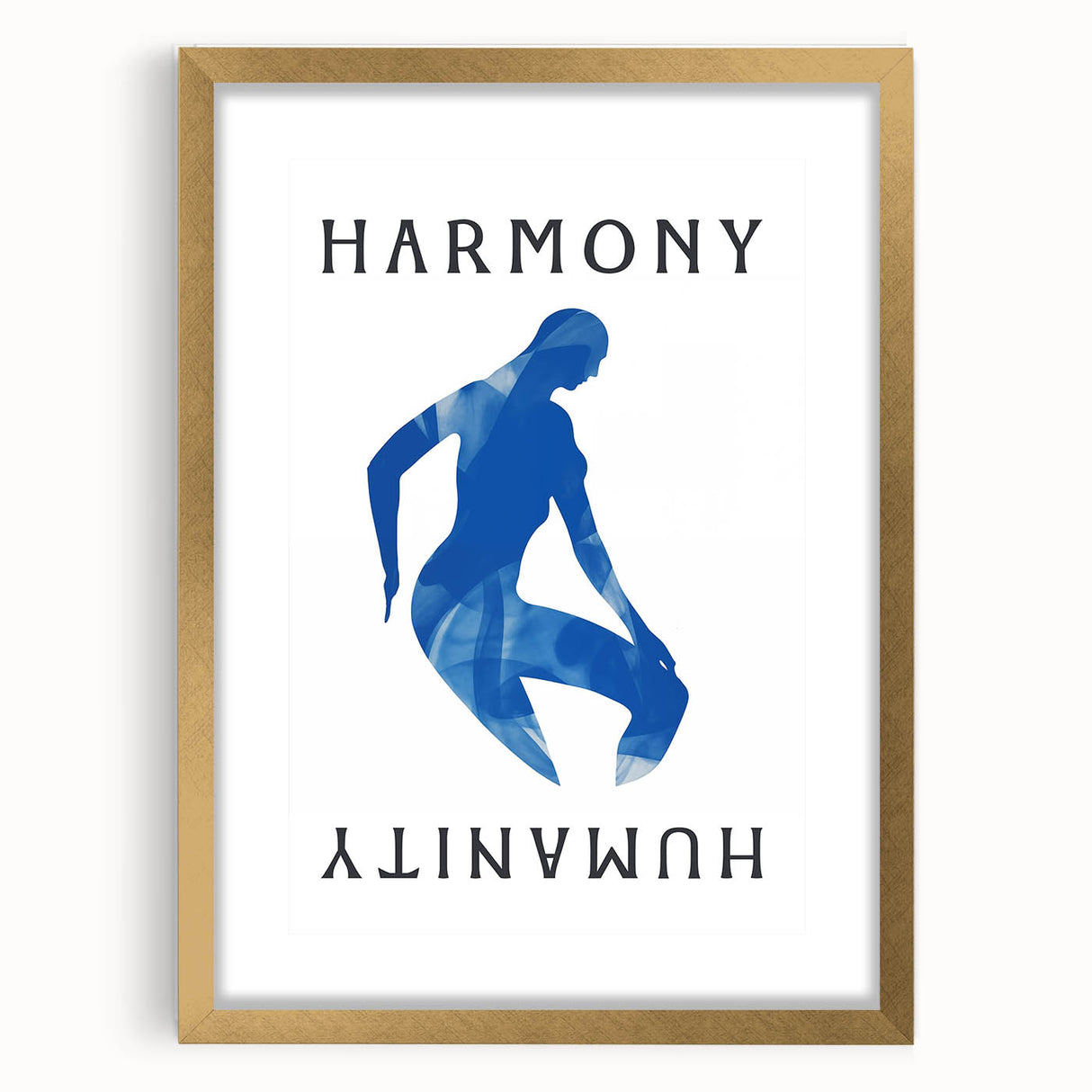 Minimalist Wall Art - Blue Silhouette with "Harmony" Text for Modern Decor