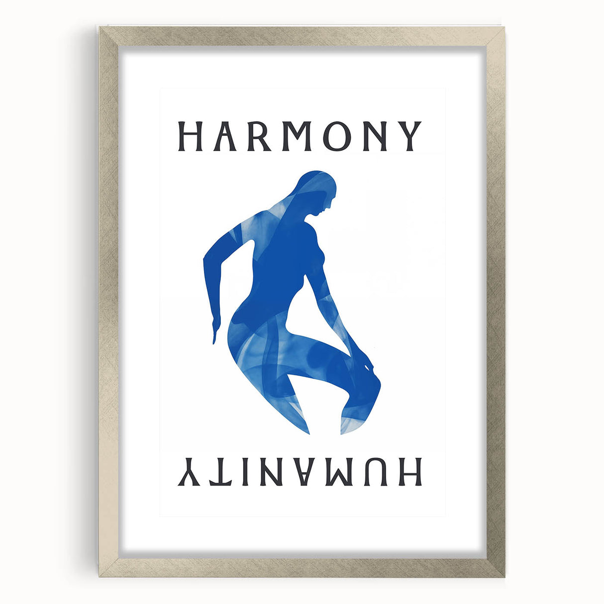 Minimalist Wall Art - Blue Silhouette with "Harmony" Text for Modern Decor