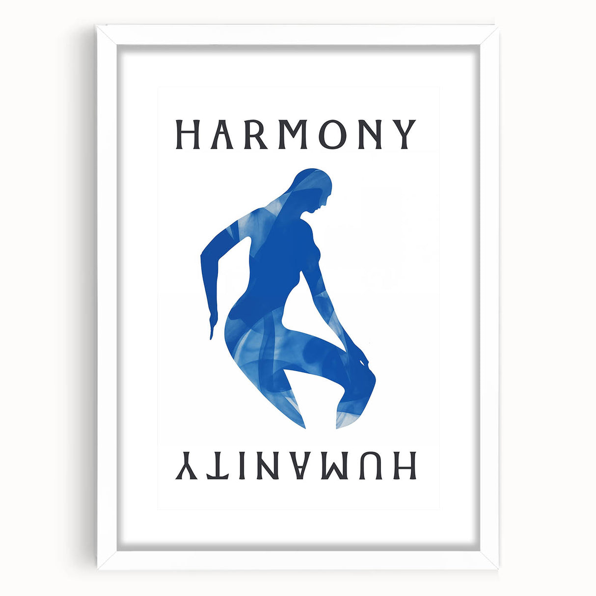 Minimalist Wall Art - Blue Silhouette with "Harmony" Text for Modern Decor