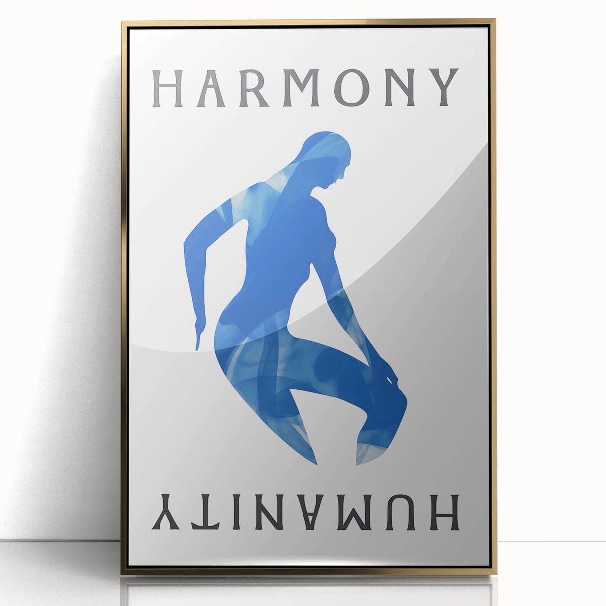 Minimalist Wall Art - Blue Silhouette with "Harmony" Text for Modern Decor