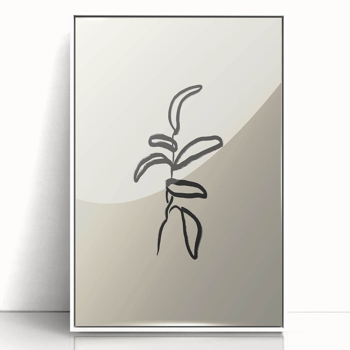 Minimalist Wall Art – Black Line Plant Drawing on Beige Canvas