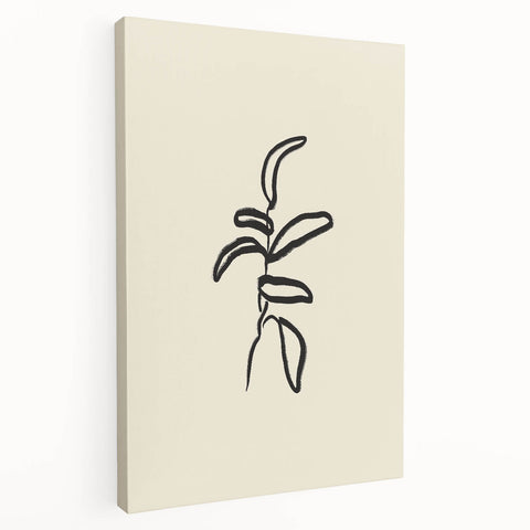 Minimalist Wall Art – Black Line Plant Drawing on Beige Canvas