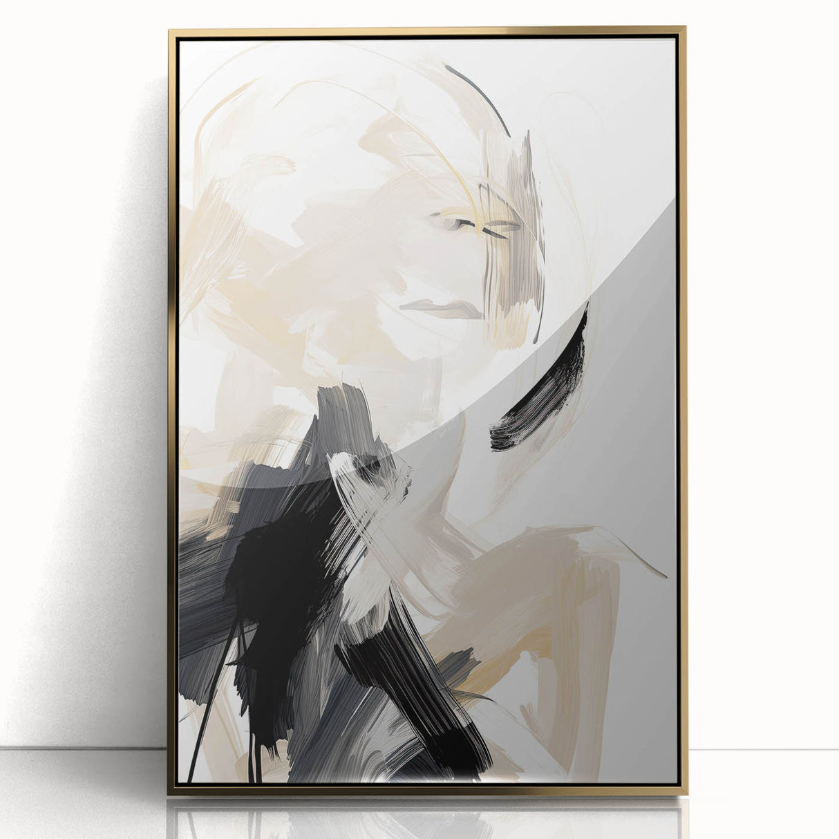 Abstract Minimalist Wall Art – Dynamic Beige and Black Brushstroke Design