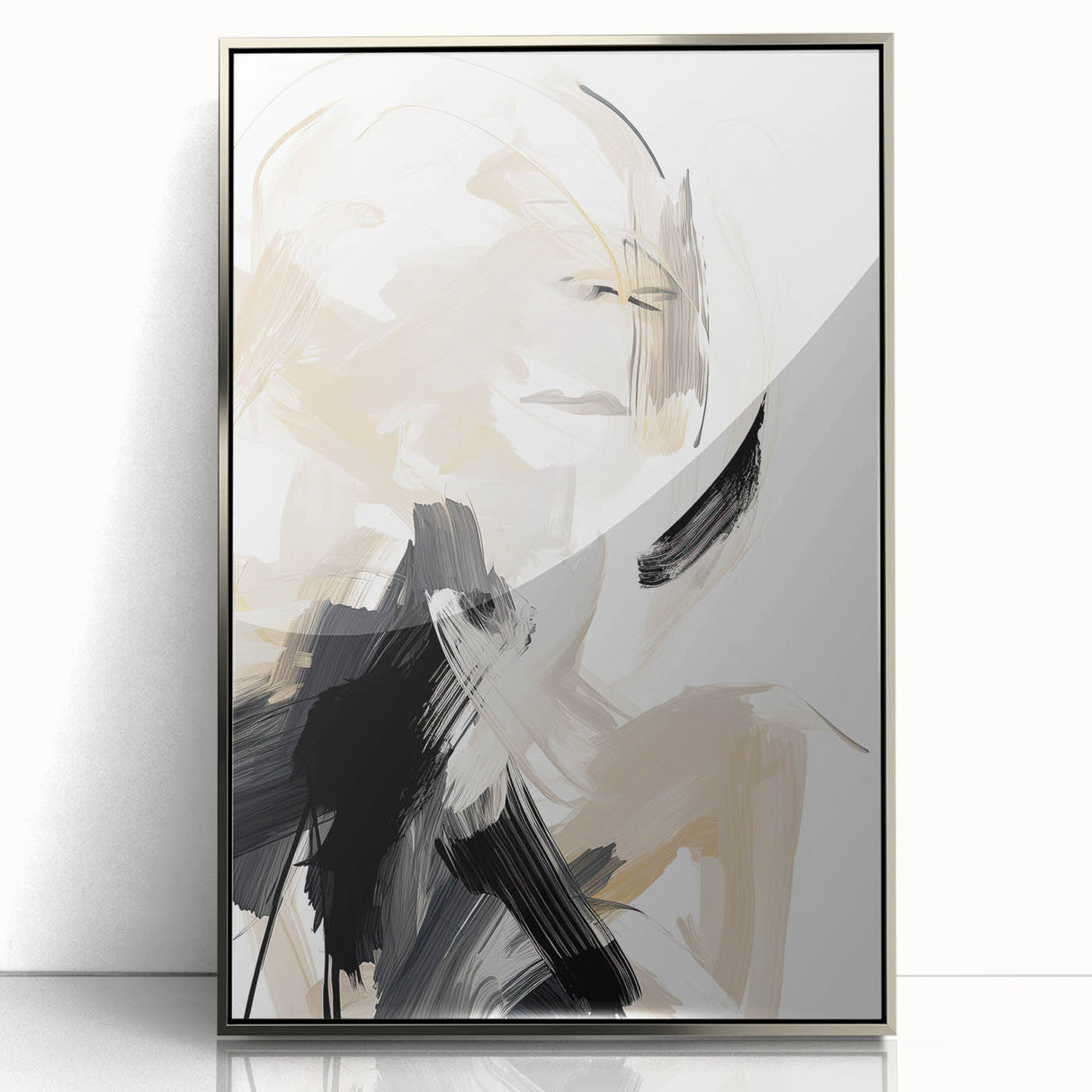 Abstract Minimalist Wall Art – Dynamic Beige and Black Brushstroke Design