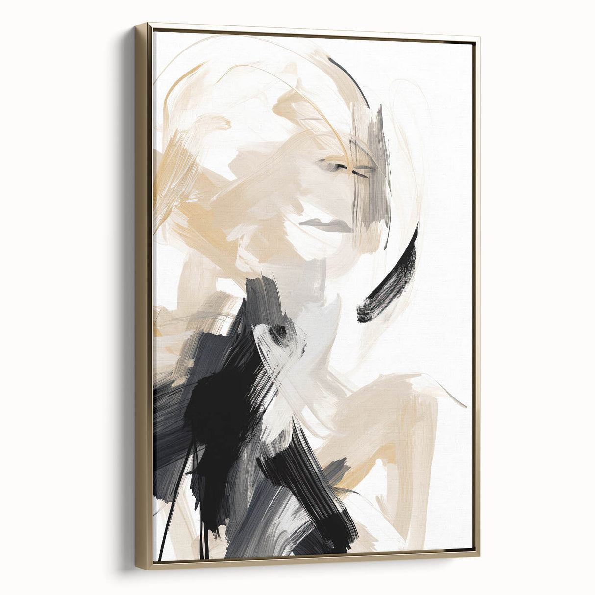 Abstract Minimalist Wall Art – Dynamic Beige and Black Brushstroke Design