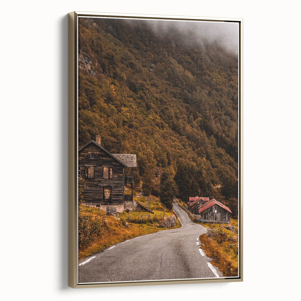 Rustic Wall Art - Country Road and Wooden Cabin for Farmhouse Decor