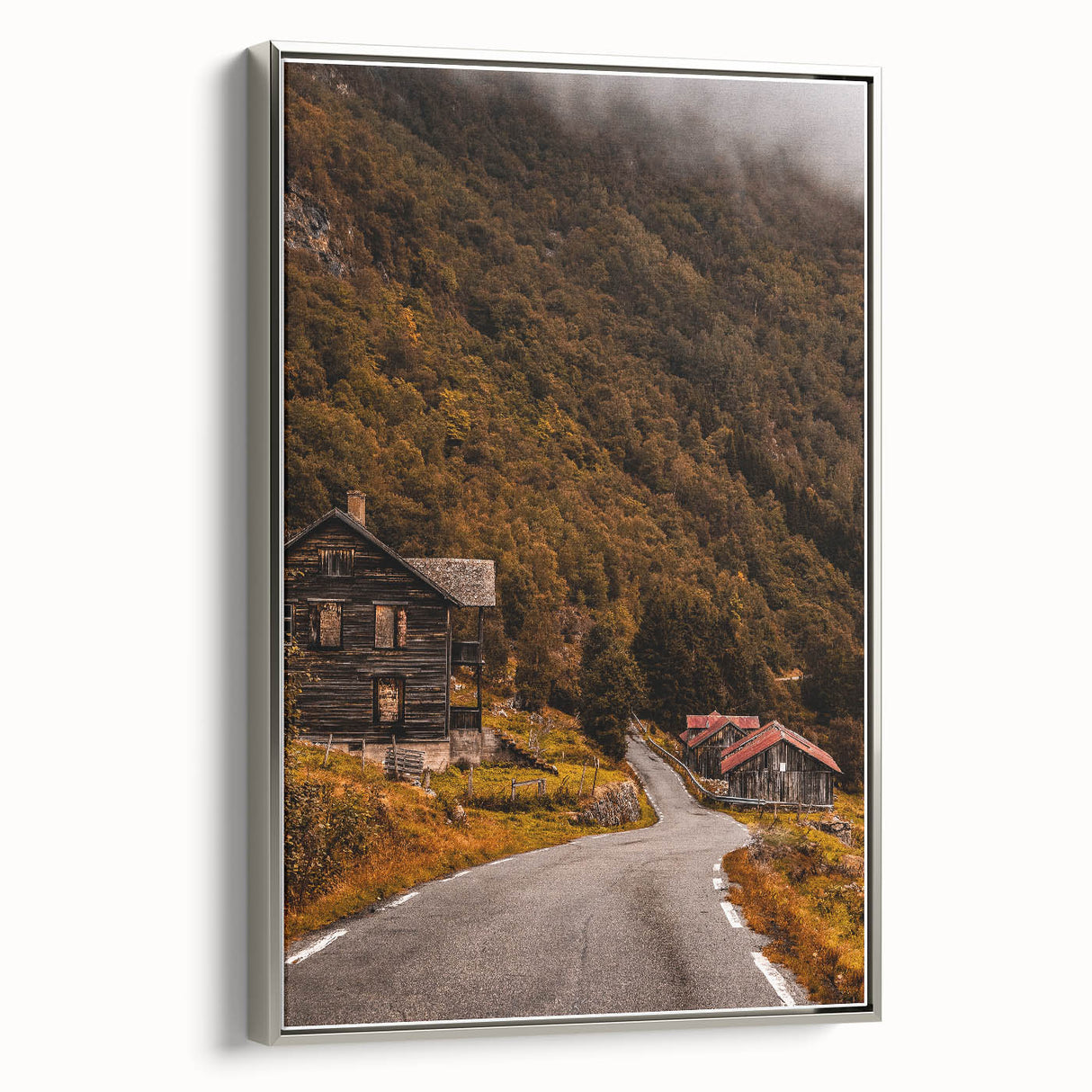 Rustic Wall Art - Country Road and Wooden Cabin for Farmhouse Decor