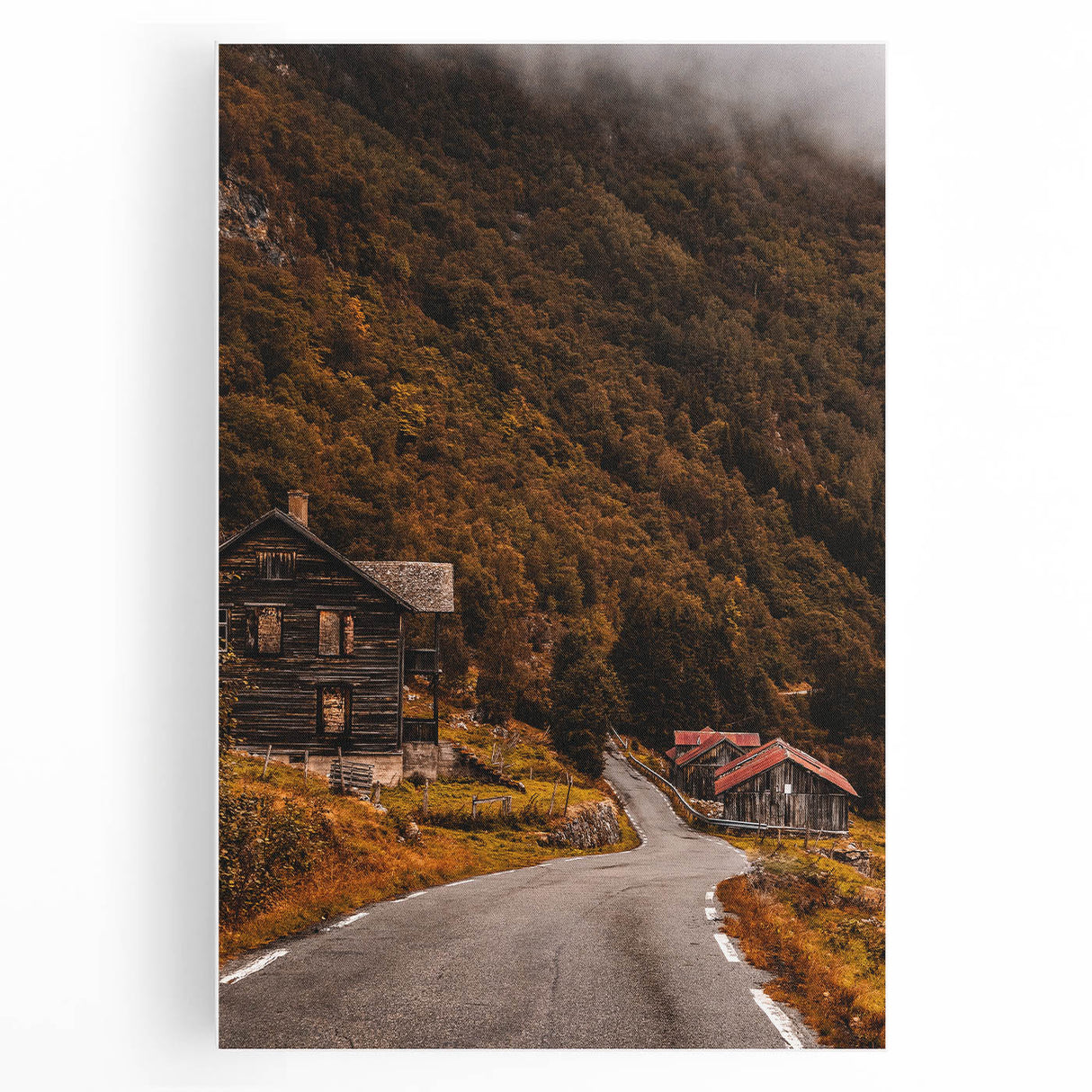 Rustic Wall Art - Country Road and Wooden Cabin for Farmhouse Decor