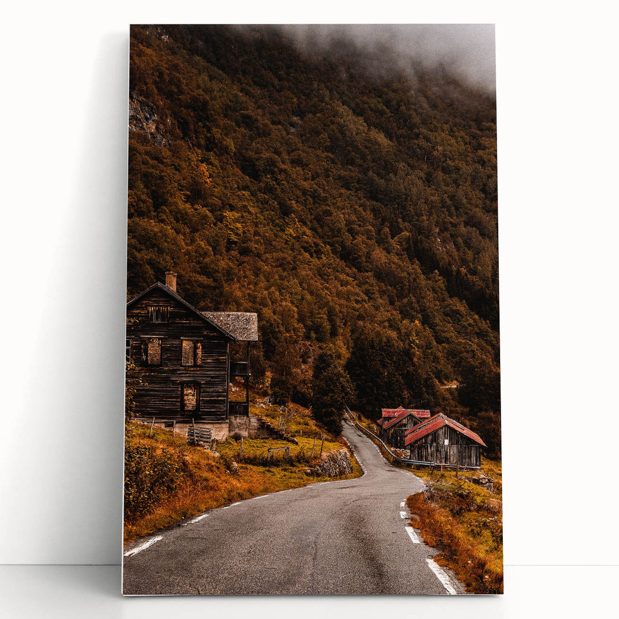 Rustic Wall Art - Country Road and Wooden Cabin for Farmhouse Decor