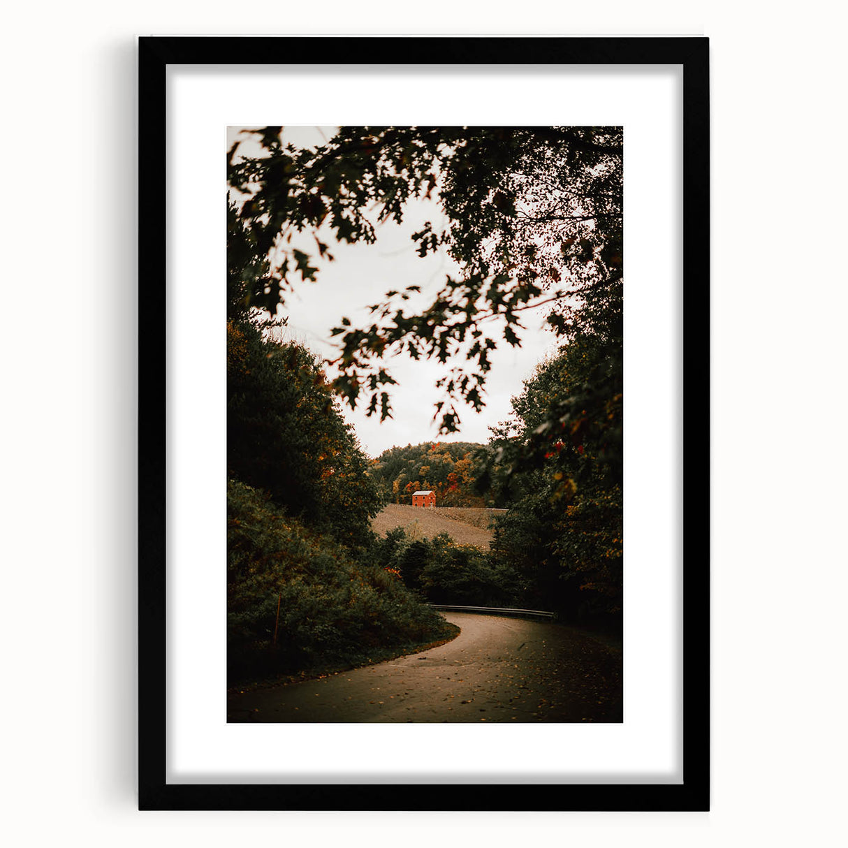 Rustic Landscape Art - Serene Country Road with Distant Red Barn