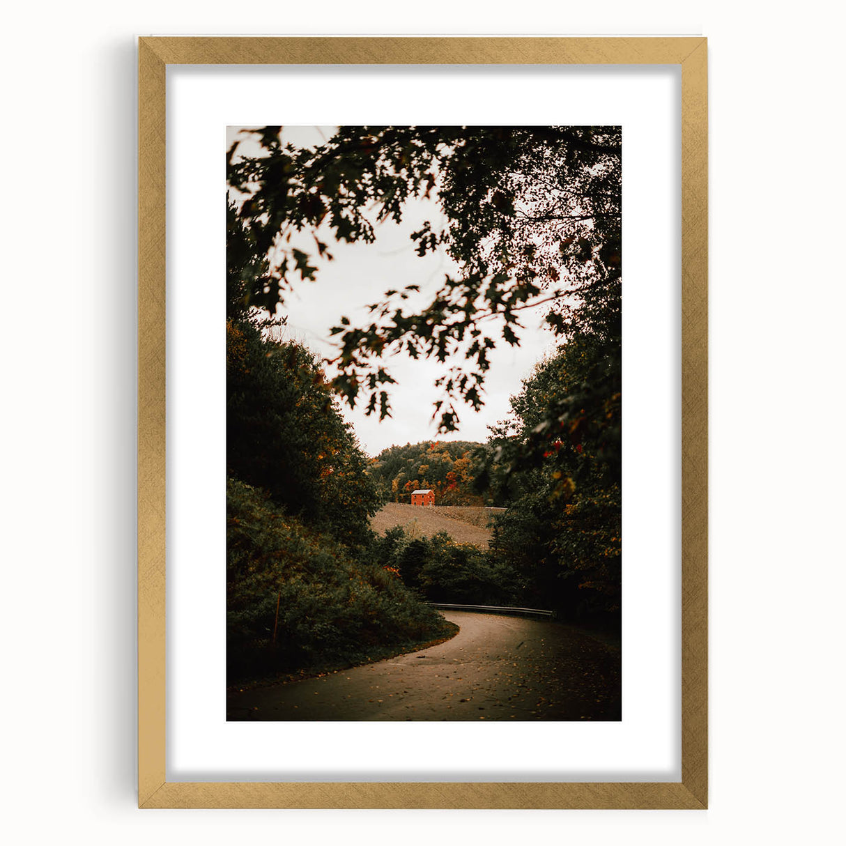 Rustic Landscape Art - Serene Country Road with Distant Red Barn