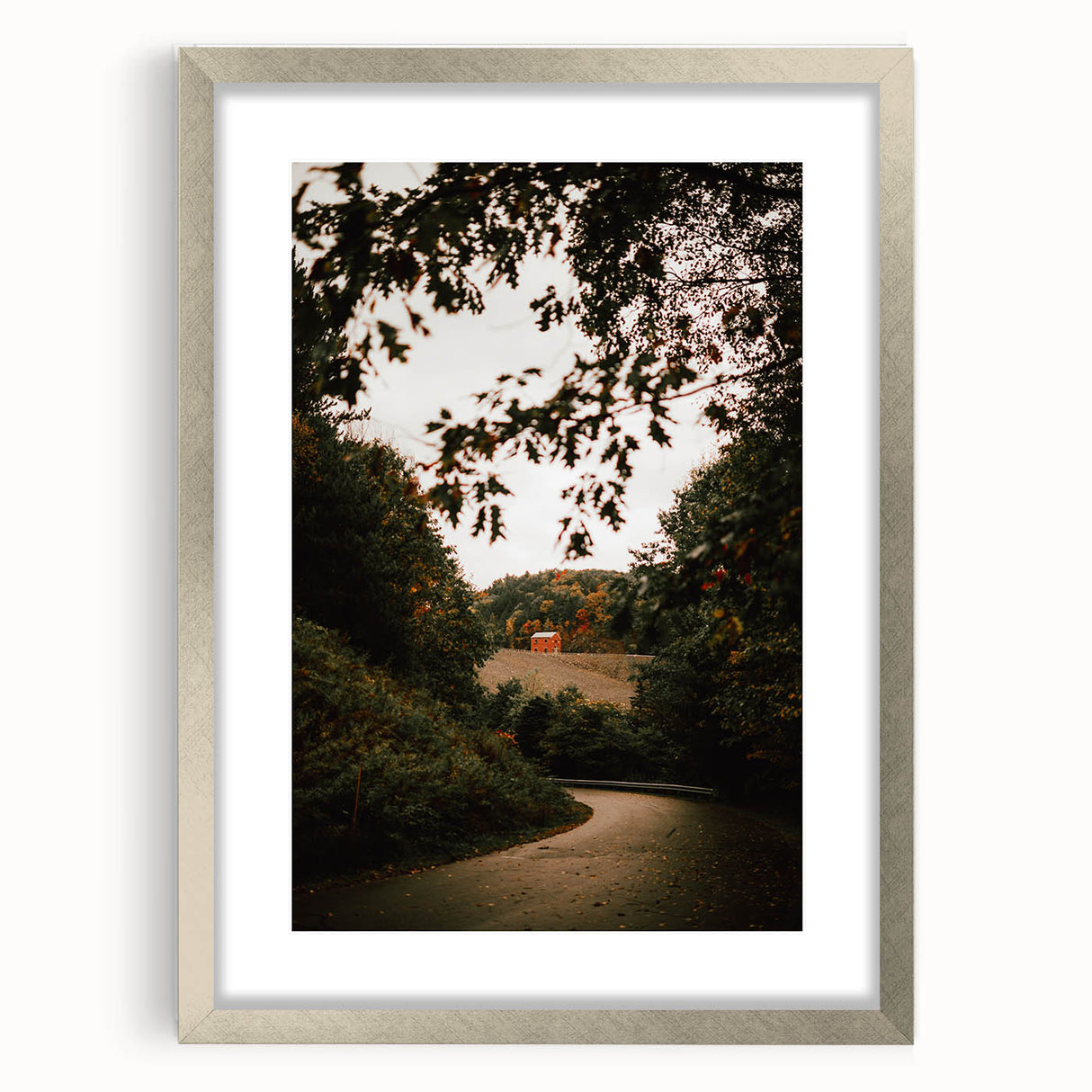 Rustic Landscape Art - Serene Country Road with Distant Red Barn