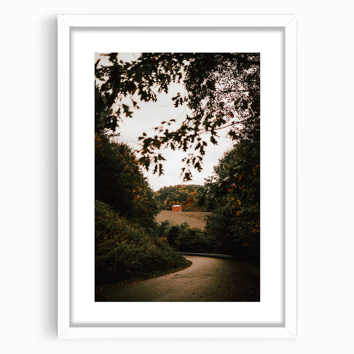 Rustic Landscape Art - Serene Country Road with Distant Red Barn