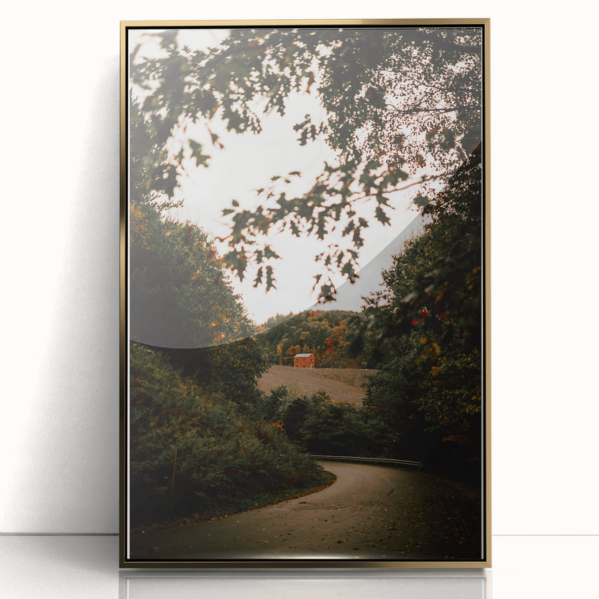 Rustic Landscape Art - Serene Country Road with Distant Red Barn