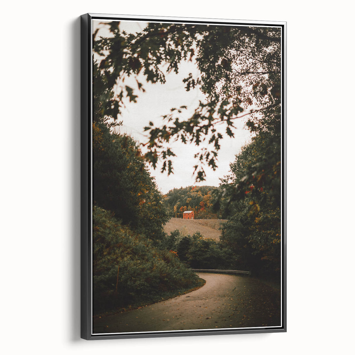 Rustic Landscape Art - Serene Country Road with Distant Red Barn